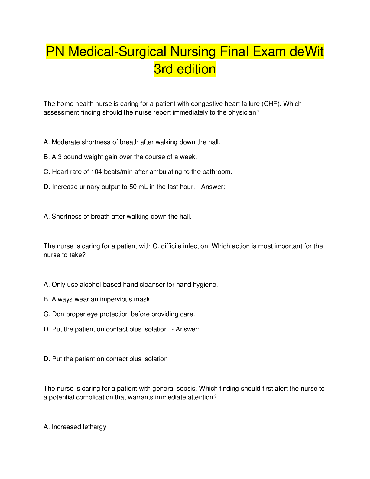 Preview image for PN Medical-Surgical Nursing Final Exam deWit  3rd edition